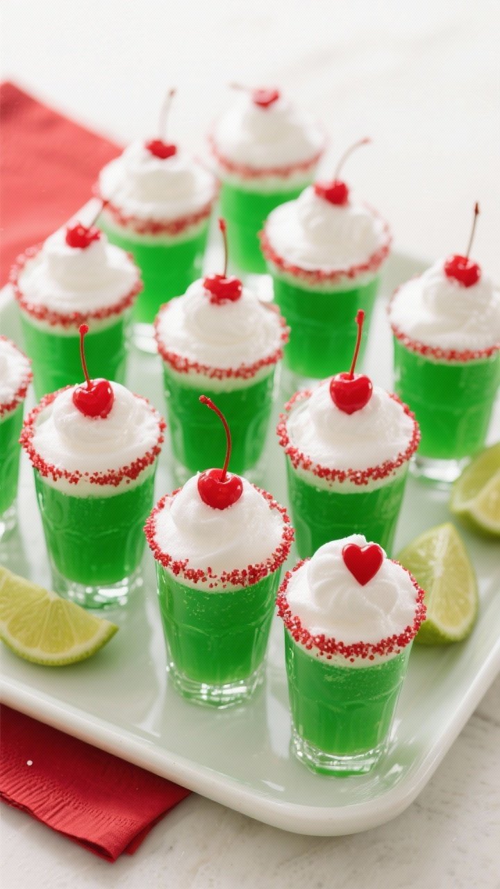 Grinch Punch Recipe for Kids: The Festive, Fizzy Green Drink They’ll Beg for All December 2 Overhead final presentation of individual Grinch Punch servings: a tidy grid of clear glasses on a w