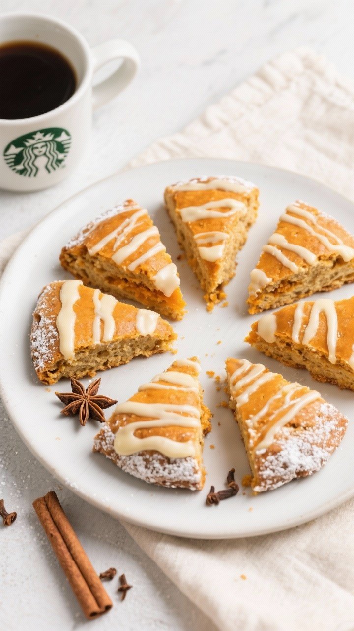Starbucks Pumpkin Scones Copycat Recipe: The Cozy Treat You’ll Crave All Fall (Without the $6 Price Tag) 2 Overhead final presentation of Starbucks-style pumpkin scones arranged in a circle on a matte white