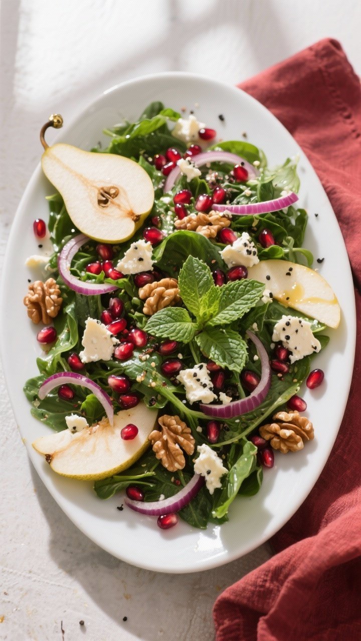 Christmas Salad with Pomegranate Seeds That Stole the Show: Crunchy, Jewel-Toned, and Gone in 10 Minutes 2 Overhead final presentation of the Christmas Salad on a wide white platter: deep greens as a base, f
