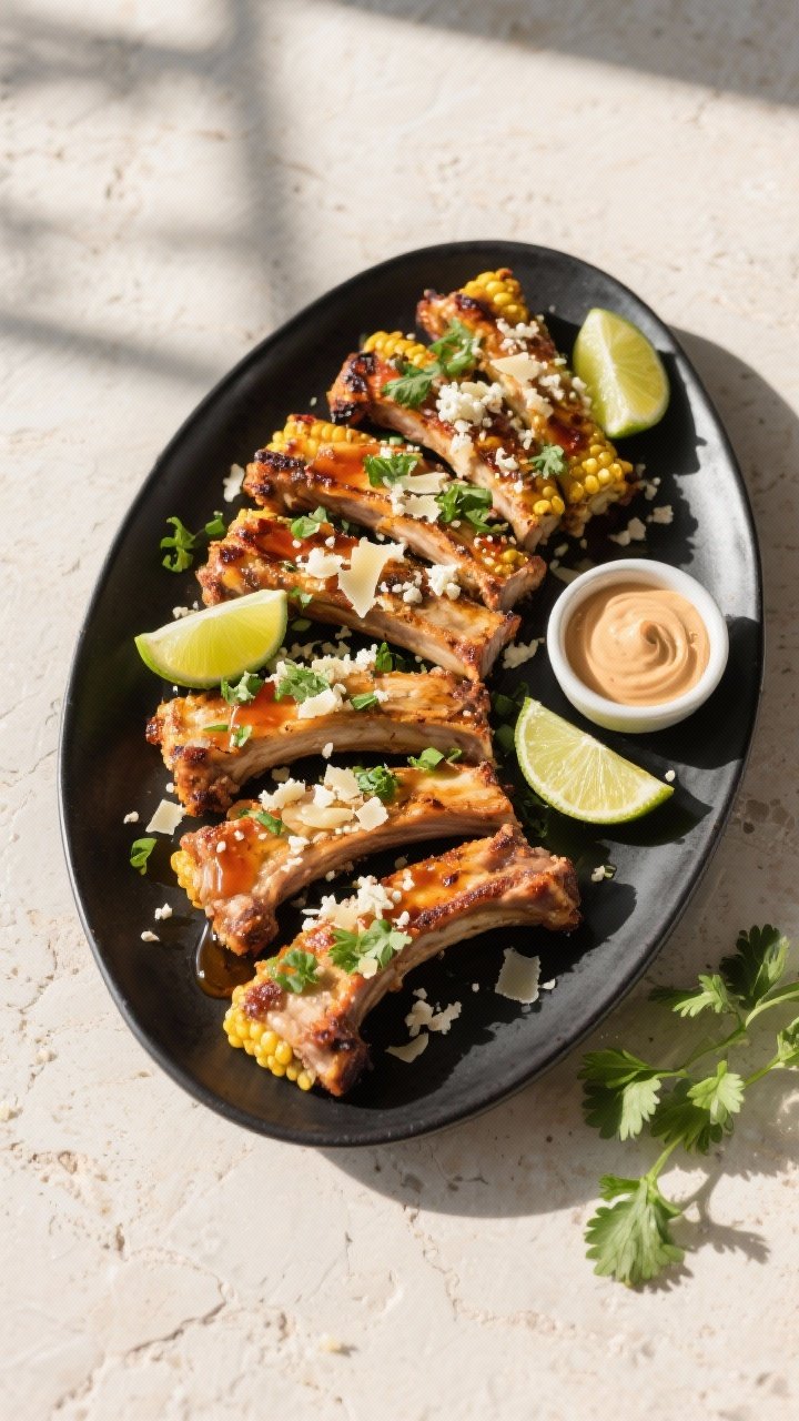 Overhead final presentation: Platter of corn ribs arranged in a fan on a matte black oval plate, fin