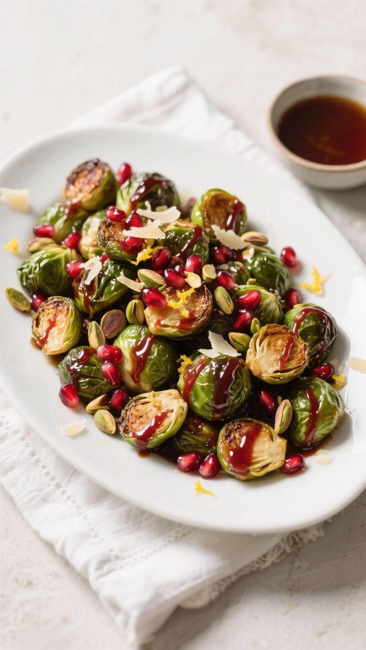 Roasted Brussels Sprouts with Pomegranate Glaze: The Side Dish That Steals the Whole Show 2 Overhead final presentation: roasted Brussels sprouts piled on a wide, white ceramic platter, evenly