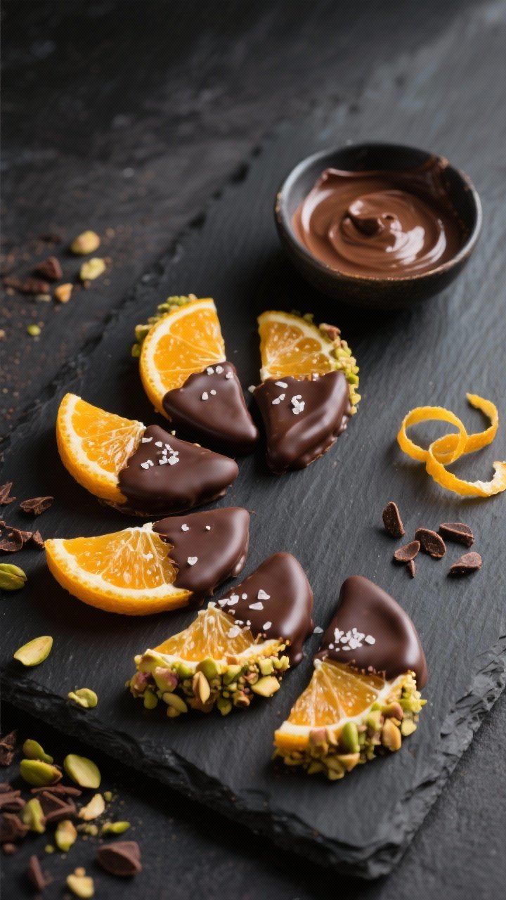 Overhead final presentation shot of chocolate-dipped candied orange slices arranged in a semicircle 