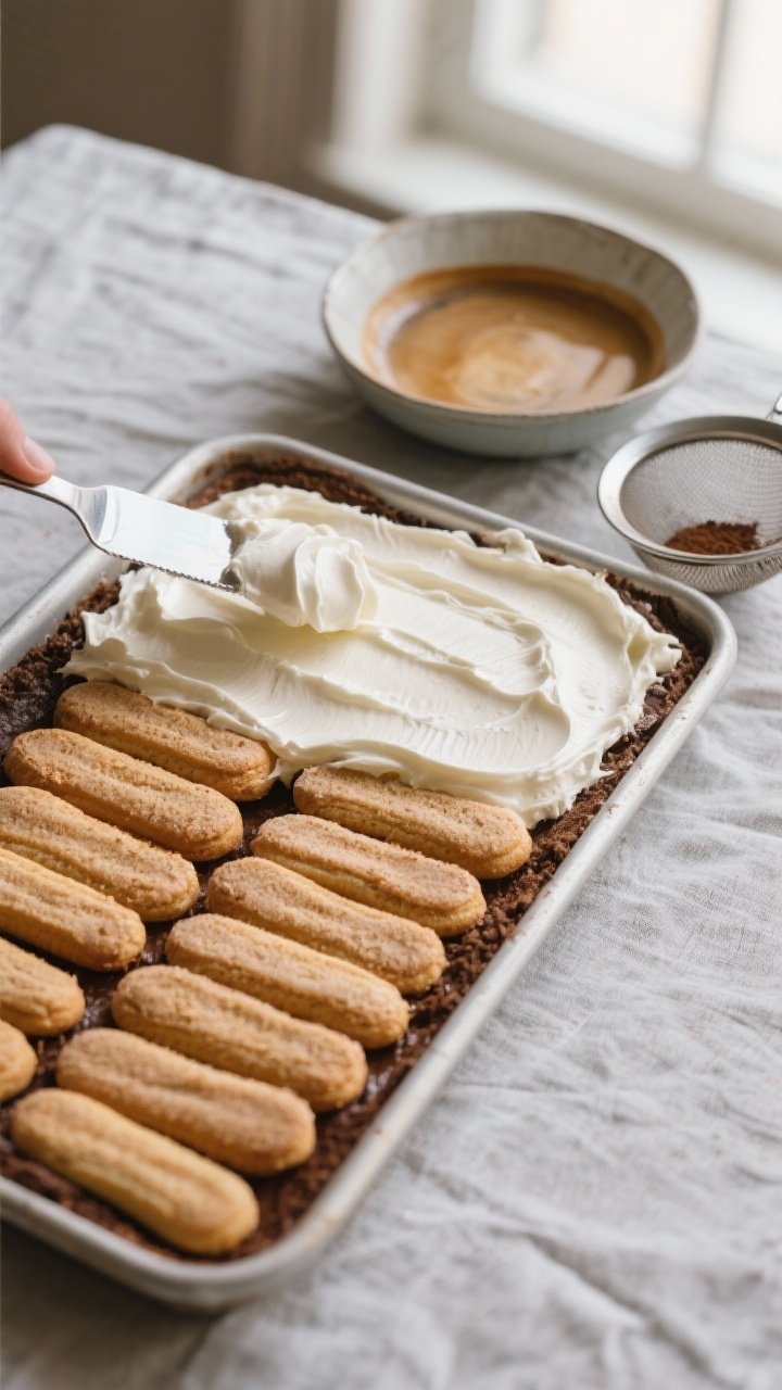 Classic Italian Tiramisu Recipe That Wins Hearts in 10 Minutes (and Disappears in 5) 2 Overhead process shot: A 9x13-inch dish mid-assembly with the first layer of espresso–rum–vanill