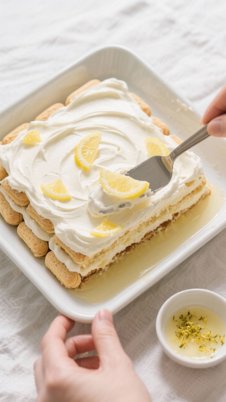 Overhead process shot: Second layer assembly of lemon tiramisu in a chilled 9x9 dish—precisely arr