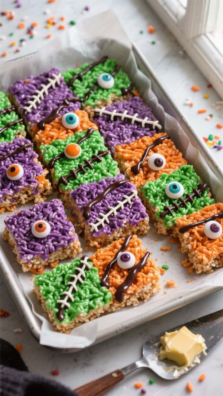 Overhead shot of a 9x13 pan filled with freshly pressed, multi-colored Monster Rice Krispie Treats i