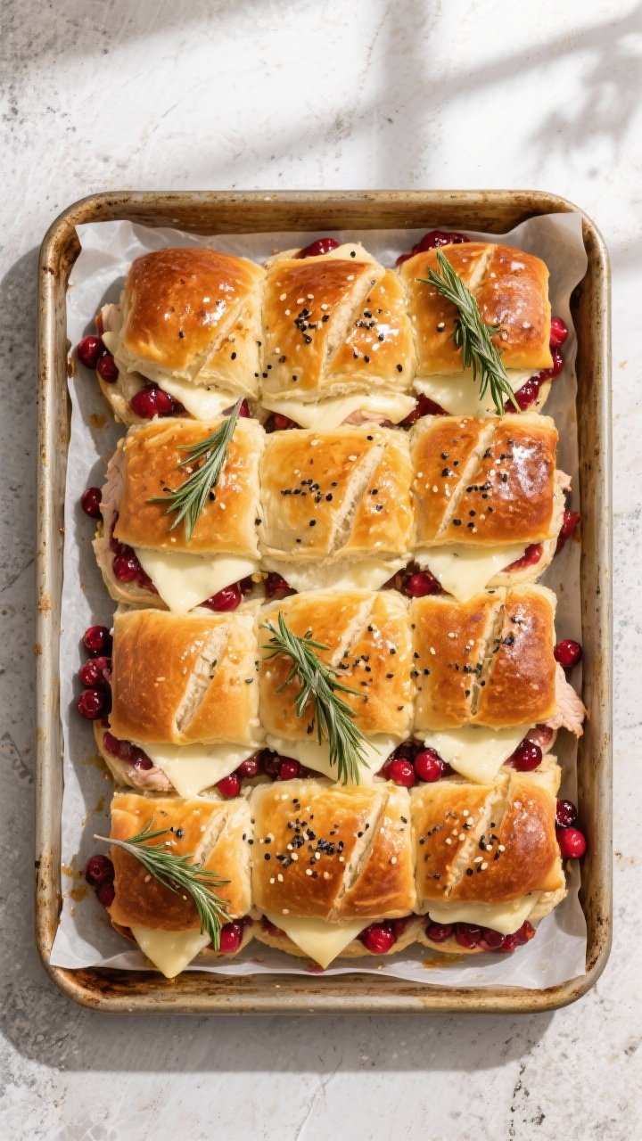 Turkey Cranberry Brie Sliders That Break the Internet 1 Overhead shot of a 9x13 tray of freshly baked turkey cranberry brie sliders just out of the oven, to