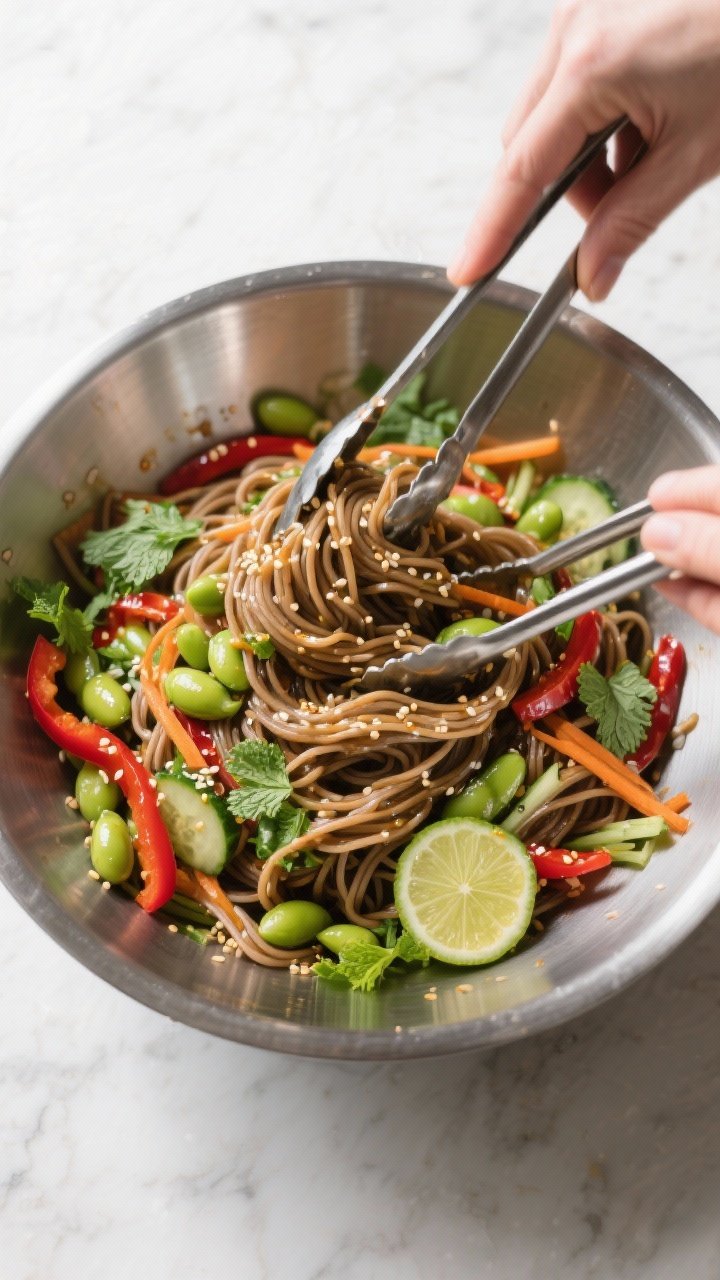 Overhead shot of a chilled soba noodle salad being tossed in a wide stainless steel bowl with tongs,