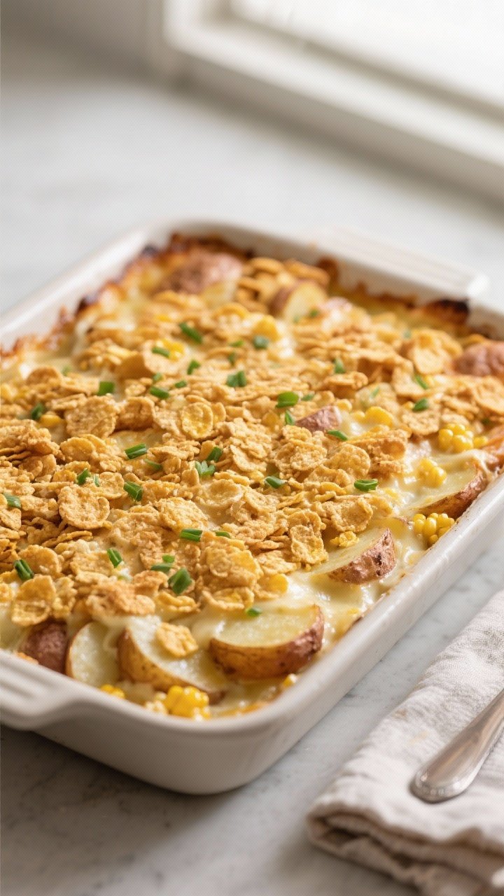 Potato Casserole with Corn Flakes: The Crispy-Top Comfort Bomb Everyone Begs You to Bring 1 Overhead shot of a freshly baked Potato Casserole with Corn Flakes just out of the oven in a 9x13 ba