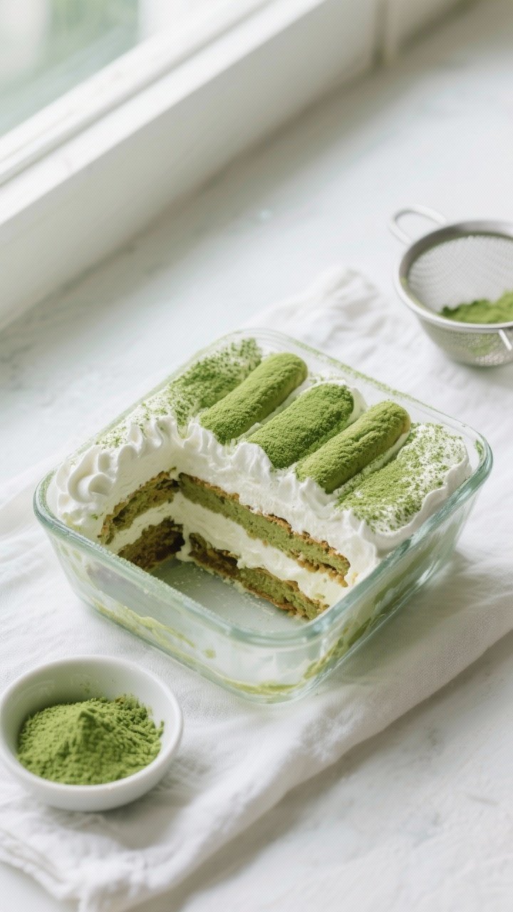 Overhead shot of a freshly set Matcha Green Tea Tiramisu in an 8x8 glass dish, clean slices revealin