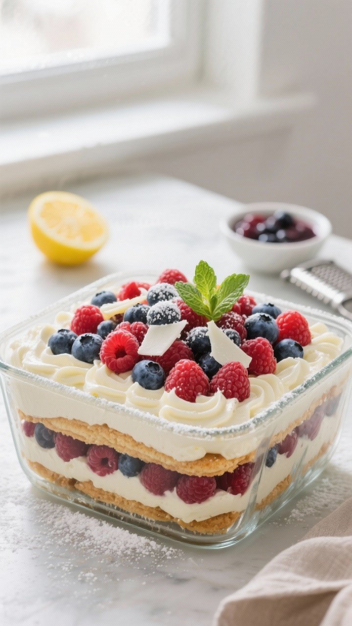 Overhead shot of a fully assembled Berry Tiramisu in a clear glass 8x8 dish after overnight chill, s