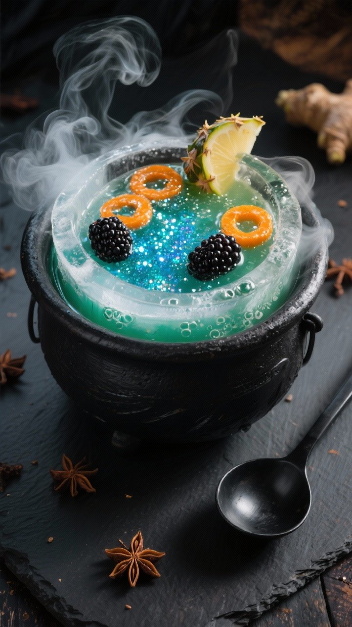 Witches Brew Cocktail Punch Recipes: The Spellbinding Party Potion You’ll Brag About All Year 1 Overhead shot of a smoky Witches Brew punch in a matte-black cauldron, eerie teal-green hue from blu