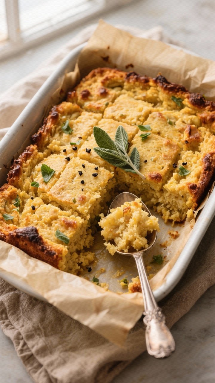 Overhead shot of Classic Cornbread Dressing just out of the oven: golden, crisped edges with visible