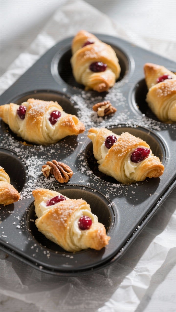 Cranberry Cream Cheese Crescent Bites That Disappear Before the Plate Hits the Table 1 Overhead shot of freshly baked Cranberry Cream Cheese Crescent Bites still in a dark nonstick mini m