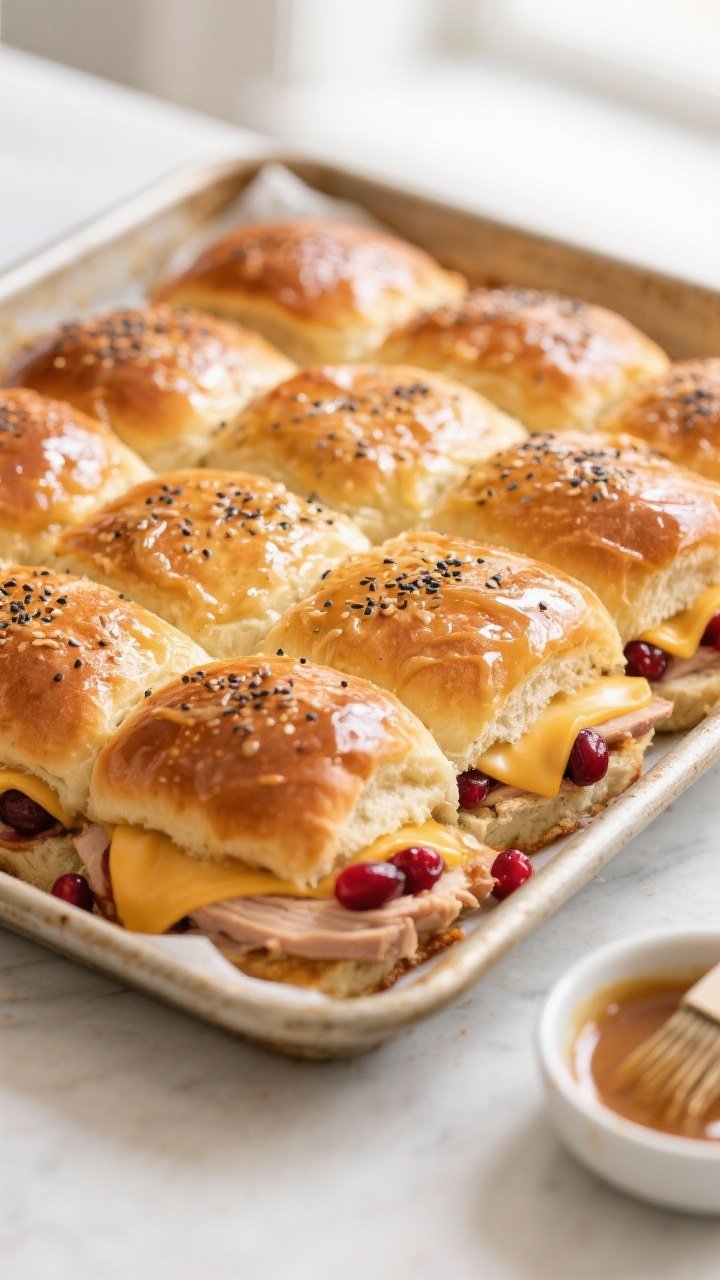 Overhead shot of freshly baked Cranberry Turkey Sliders in a 9x13 pan right out of the oven, tops gl