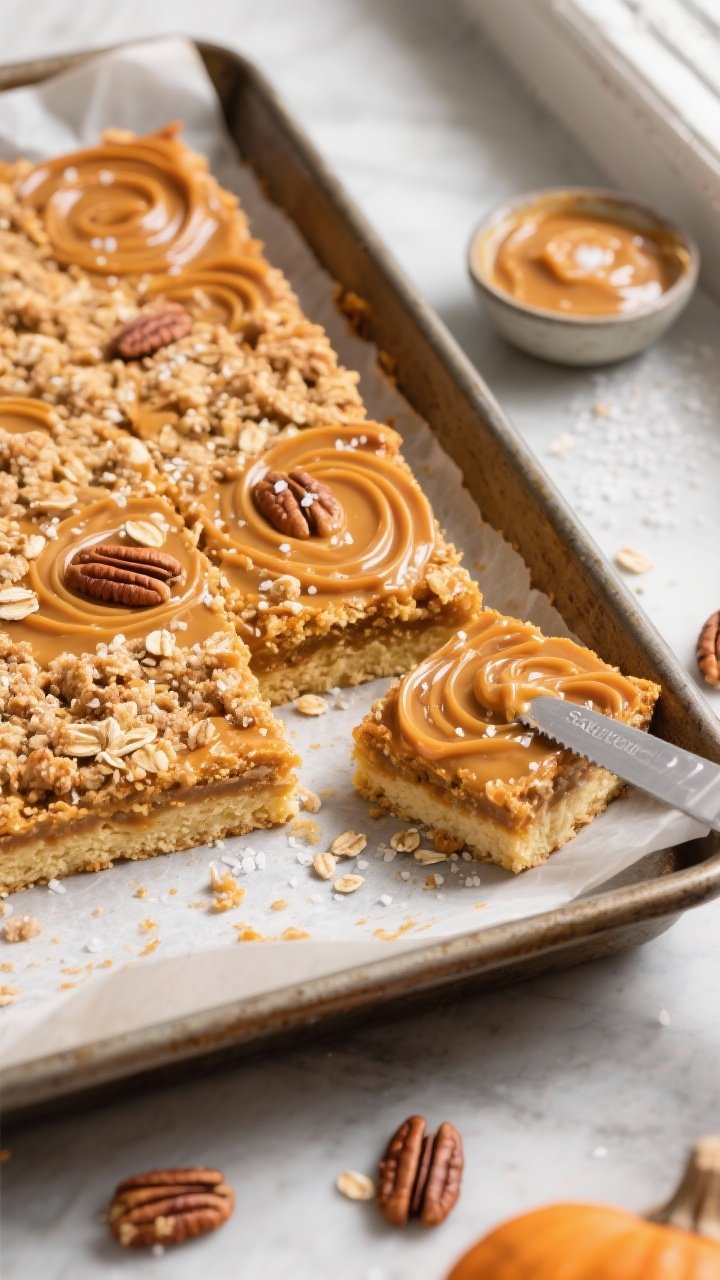 Salted Caramel Pumpkin Crunch Bars: The Fall Dessert That Breaks the Internet (and Diets) 1 Overhead shot of freshly baked Salted Caramel Pumpkin Crunch Bars cooling in a parchment-lined 9x13