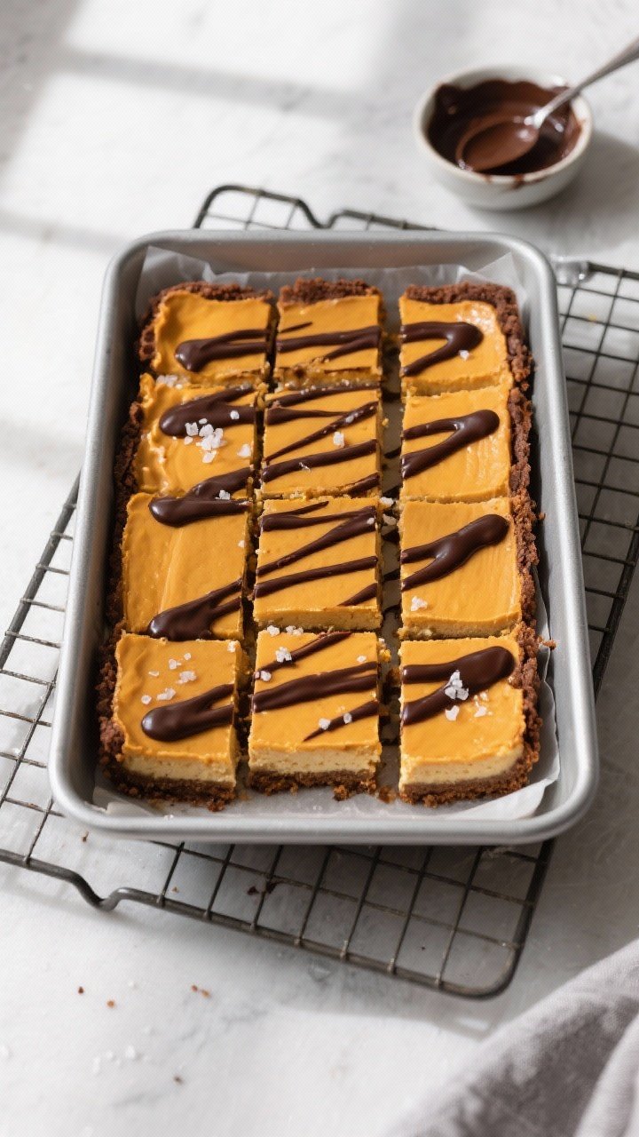 Overhead shot of freshly chilled Espresso-Pumpkin Layer Bars just after the dark chocolate drizzle s