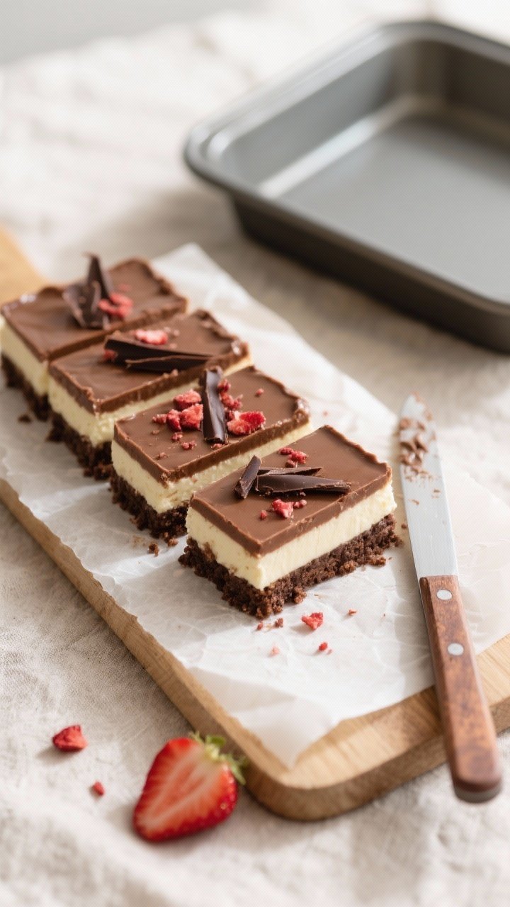Overhead shot of freshly sliced No-Bake Neapolitan Cheesecake Bars on a parchment-lined cutting boar