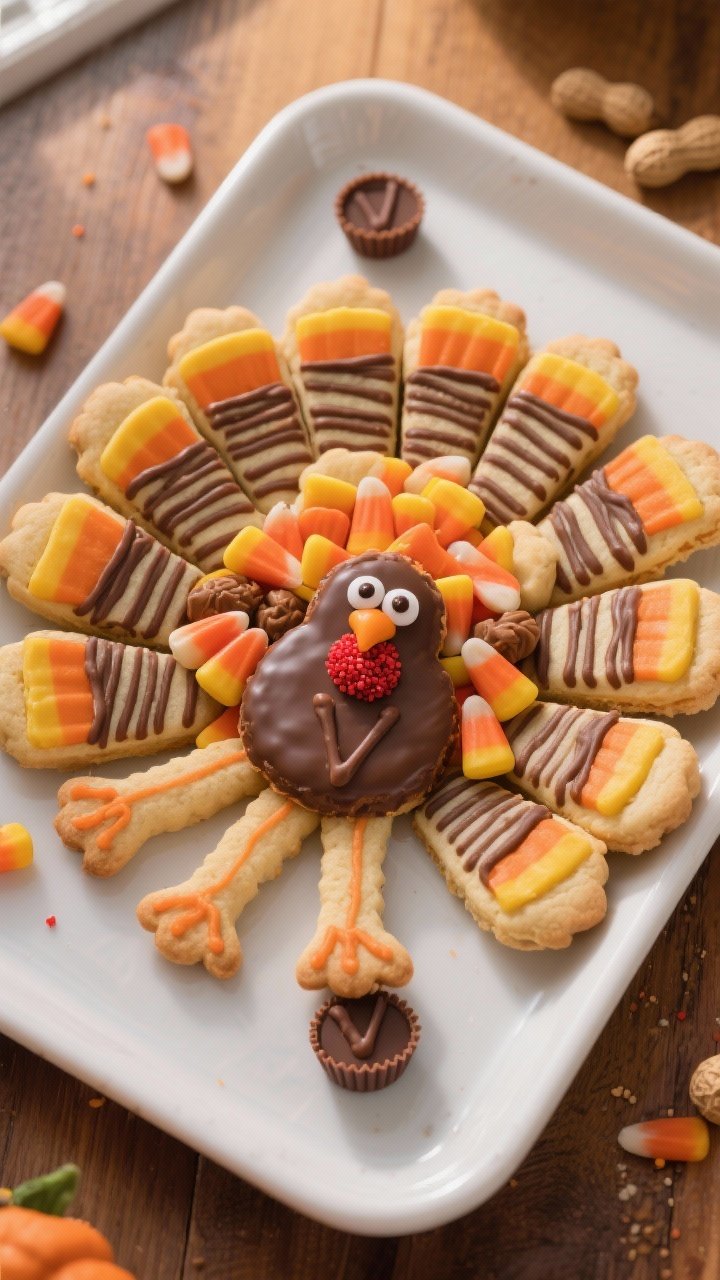 These “Turkey Cookies with Fudge Stripe Cookies” Will Crash Your Dessert Table 1 Overhead shot of fully assembled “turkey cookies” arranged in a fan-shaped platter presentation: