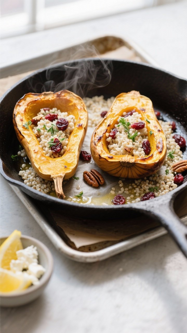 Quinoa & Cranberry Stuffed Acorn Squash That Slaps: Cozy, Sweet-Savory, and Weeknight-Easy 1 Overhead shot of roasted acorn squash halves just flipped cut-side up on a parchment-lined sheet pan