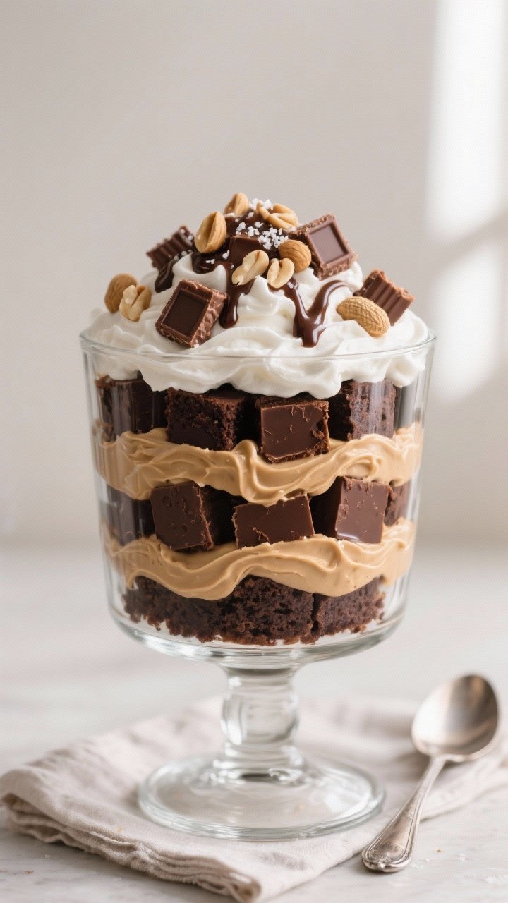 Overhead shot of the assembled peanut butter cup trifle in a clear glass trifle bowl, showing distin
