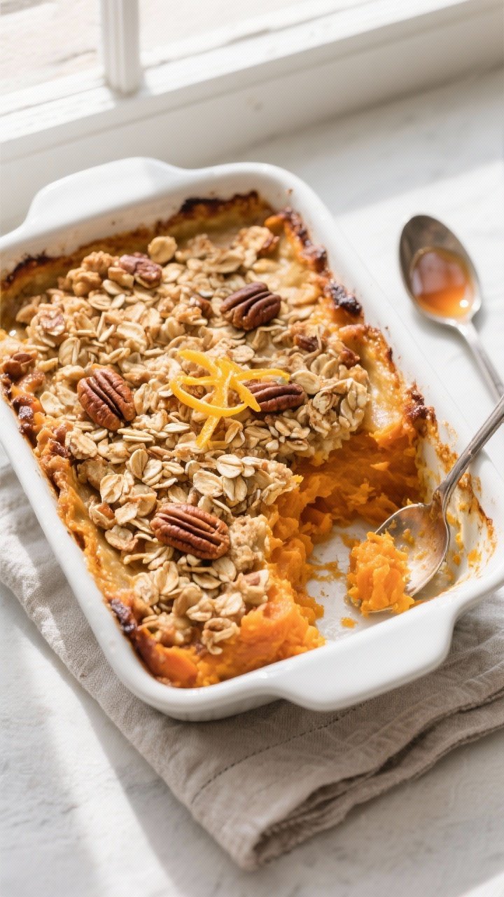 This Sweet Potato & Carrot Casserole with Maple Pecan Topping Will Upstage Your Main Course 1 Overhead shot of the baked Sweet Potato & Carrot Casserole just out of the oven, golden maple-pecan-