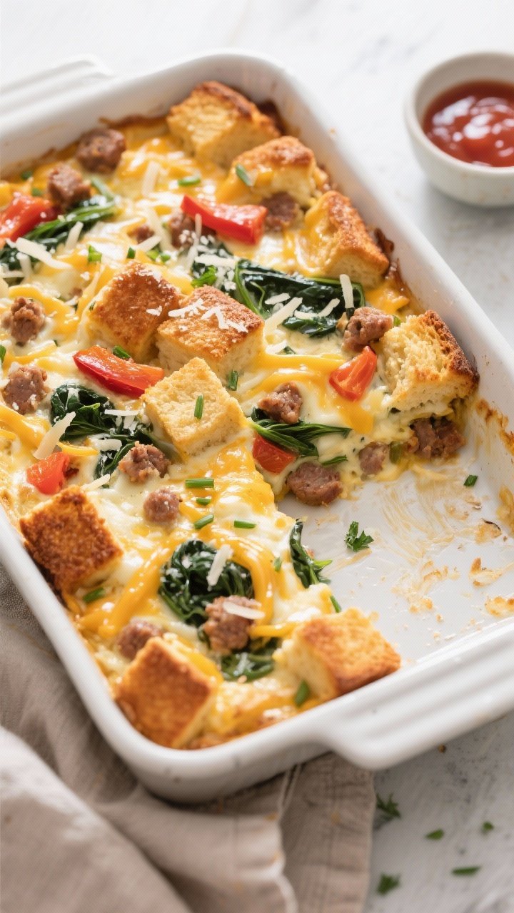 Overhead shot of the breakfast casserole just out of the oven in a 9x13 dish: golden, deeply crisped