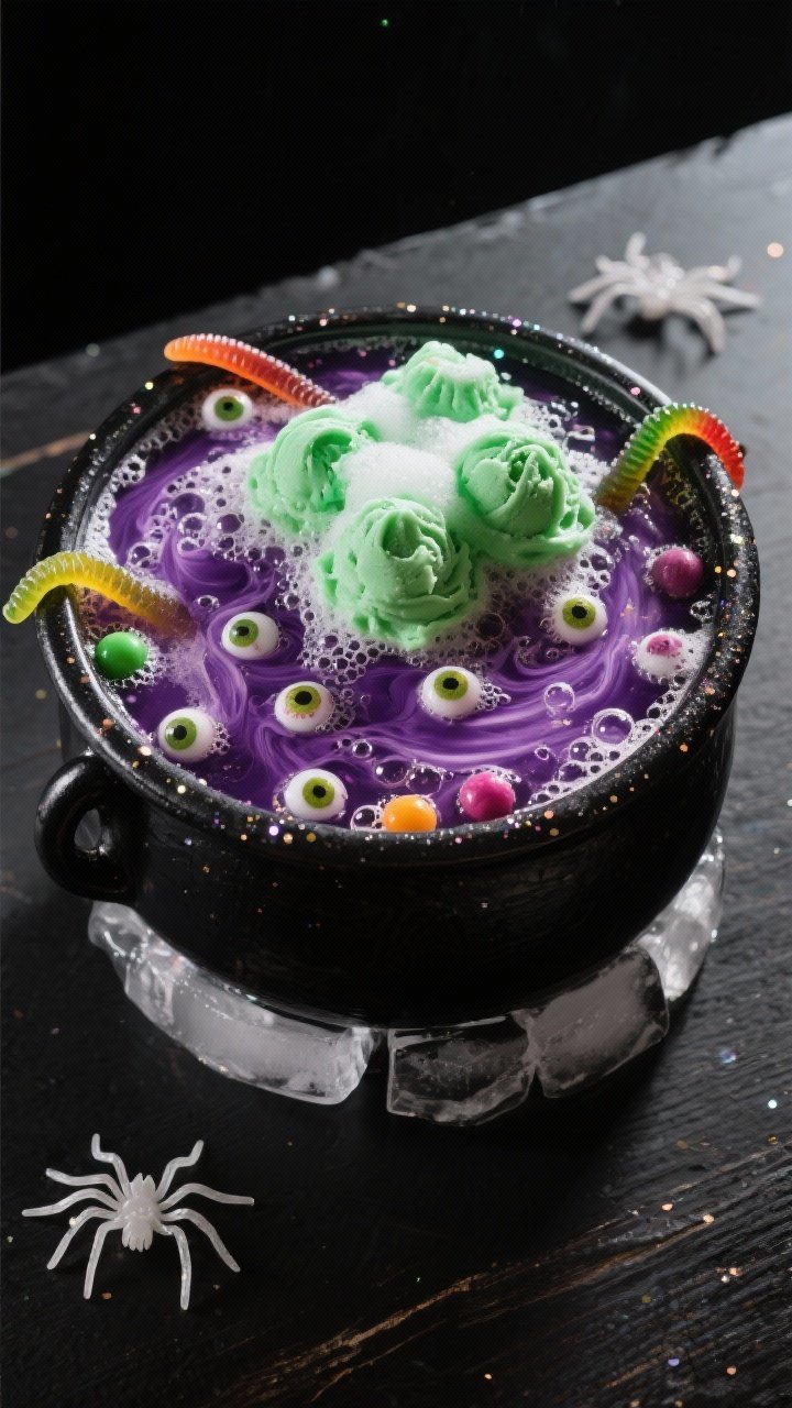 Kid Friendly Hocus Pocus Punch – Non Alcoholic Halloween Party Drink 1 Overhead shot of the finished Hocus Pocus Punch in a matte-black “cauldron” punch bowl, deep wit