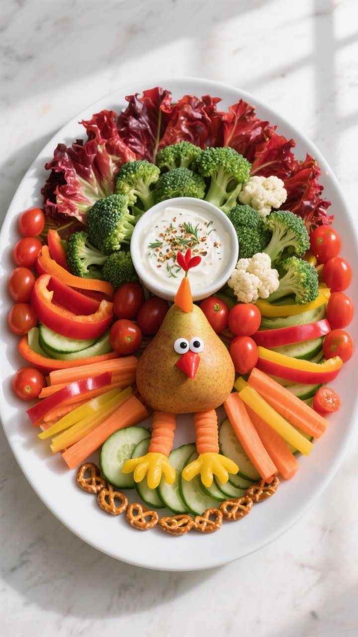 Turkey Veggie Tray Thanksgiving: The Viral Centerpiece Your Guests Will Actually Eat 1 Overhead shot of the fully assembled Turkey Veggie Tray centerpiece: a white oval platter with a sma