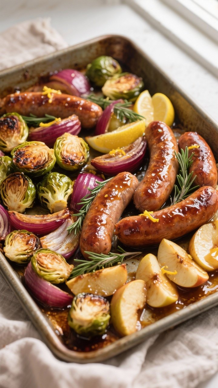 Overhead shot of the one-pan sausage, apple, and Brussels sprouts bake just out of the oven on a hot