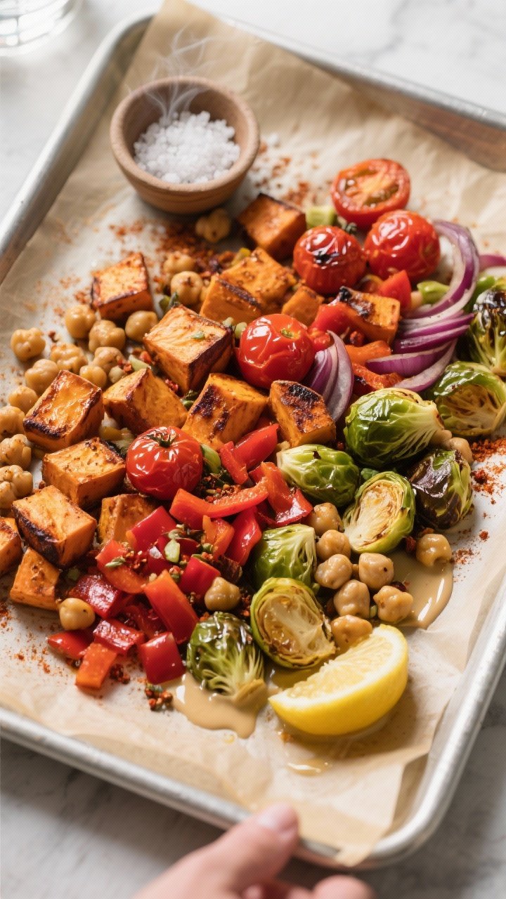 Roasted Veggie Breakfast Bowl That Slaps: Crispy, Creamy, Protein-Packed Fuel in 20 Minutes 1 Overhead shot of the Roasted Veggie Breakfast Bowl just after roasting and before assembly: a parchm