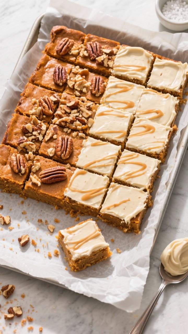 Overhead “slice and serve” shot: a 9x13 slab of pumpkin bars lifted via parchment and cut into n