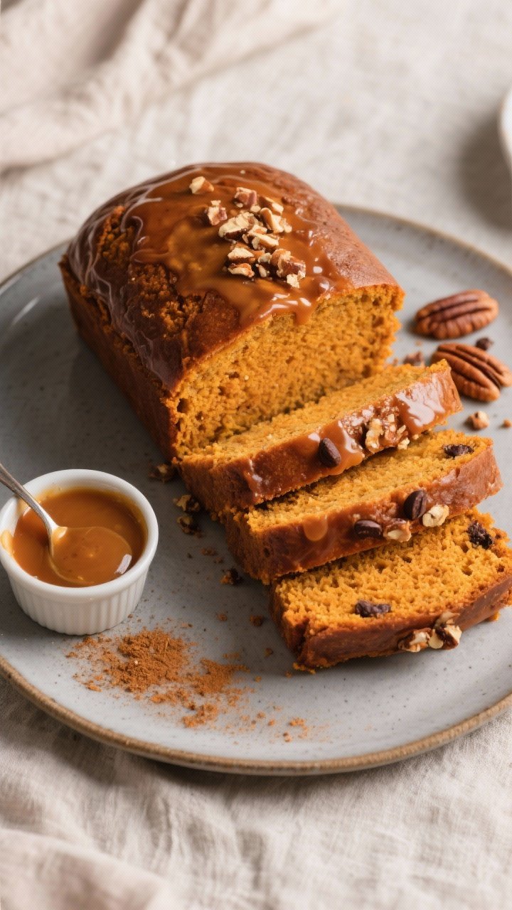 This Chai Spice Maple Pumpkin Bread Will Make Your Banana Bread Jealous 2 Overhead “tasty top view” of neatly sliced chai spice maple pumpkin bread arranged on a matte ce
