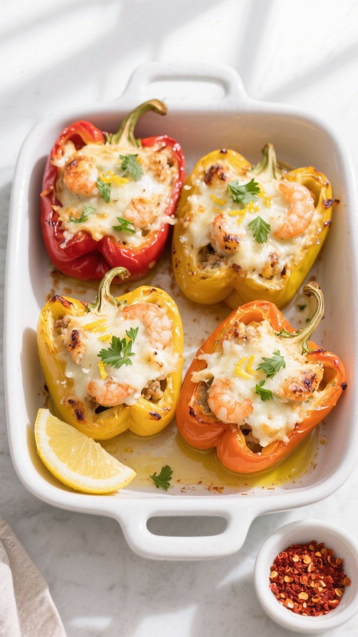 Tasty top view final dish: Overhead shot of four baked crab and shrimp stuffed peppers (mix of red, 