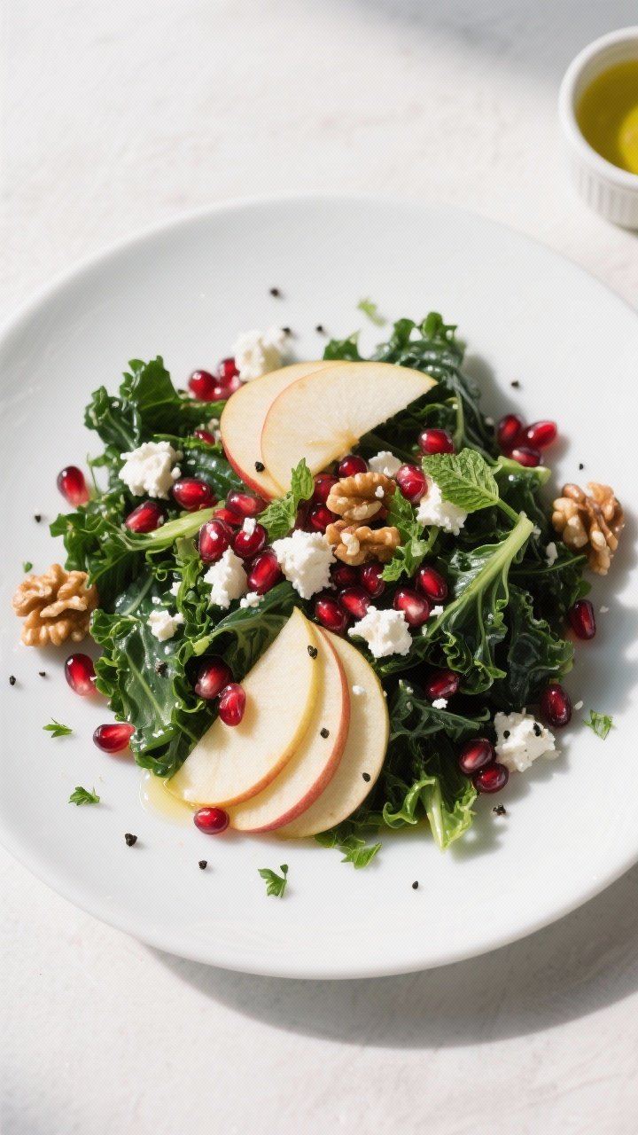 Tasty top view: Final plated Kale Salad With Pomegranate Seeds, overhead on a matte white plate; eve