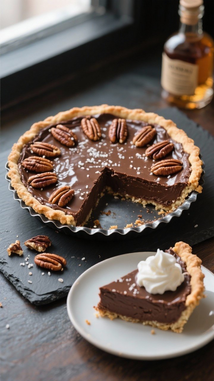 Tasty top view, final presentation: Overhead shot of a fully cooled Texas Chocolate Pecan Pie on a d