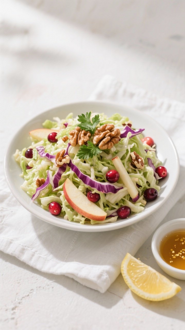 Tasty top view, final presentation: Overhead shot of apple cranberry coleslaw mounded in a wide whit