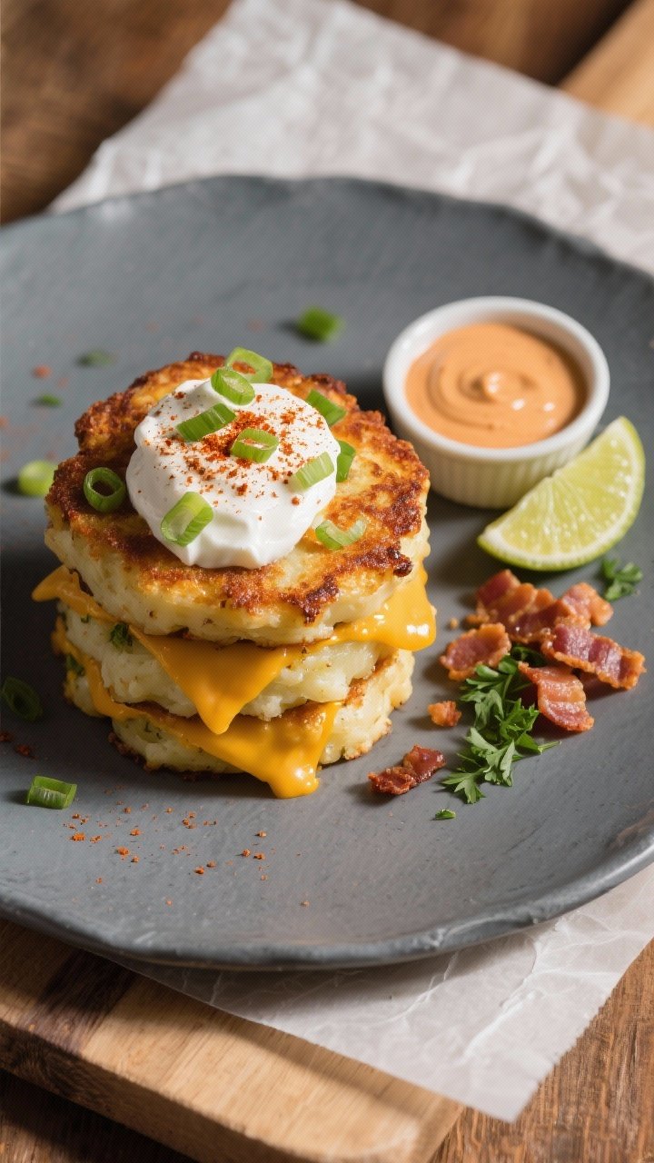 Tasty top view, final presentation: Overhead shot of a slate-gray plate stacked with loaded mashed p
