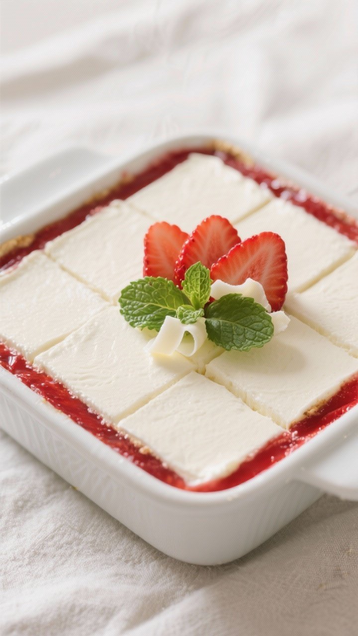 Tasty top-view final presentation: overhead shot of chilled Strawberry Tiramisu just before serving,
