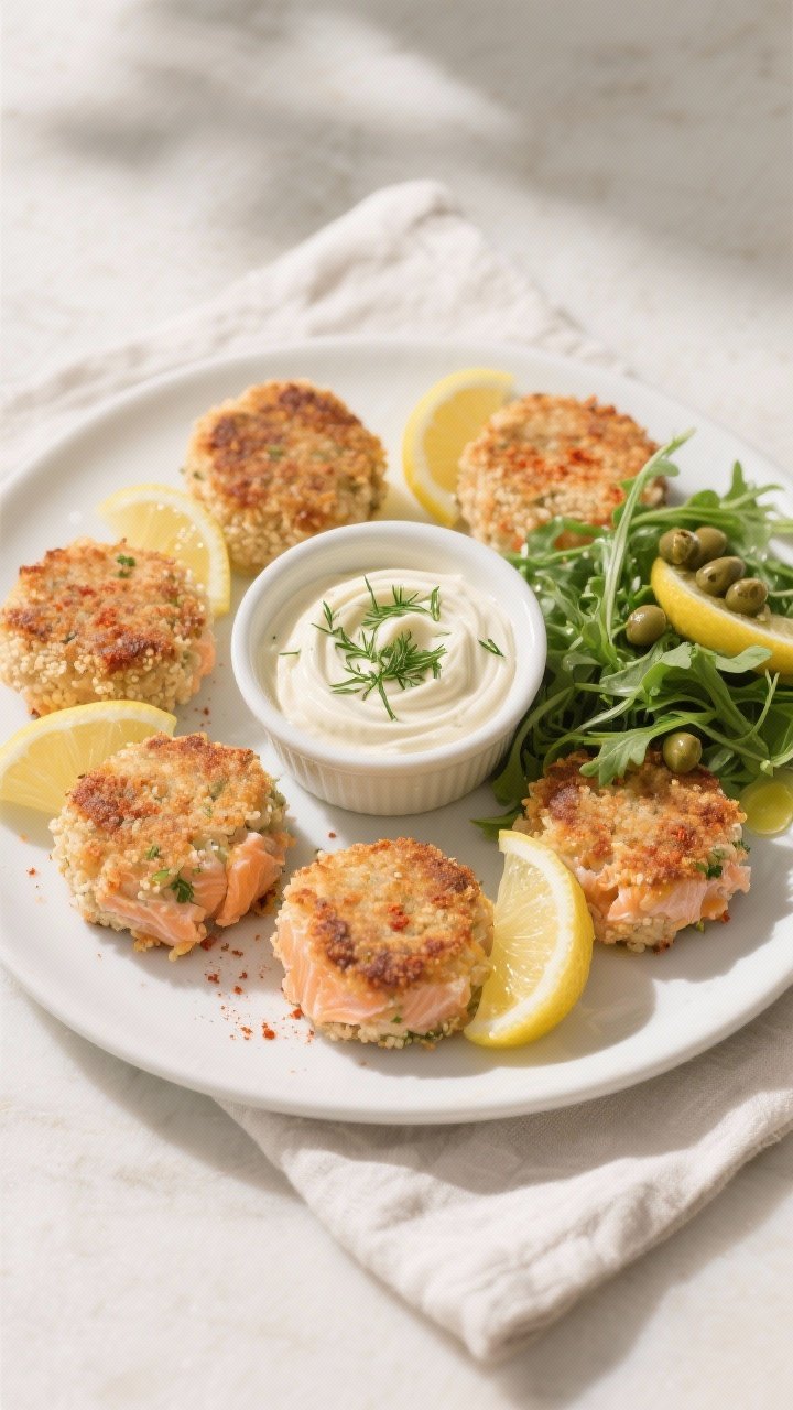 Tasty top view final presentation: Overhead shot of six salmon cakes arranged on a matte white platt