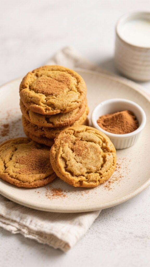 Sourdough Pumpkin Snickerdoodle Cookies: The Fall Flex You Didn't Know You Needed 2 Tasty top view: Overhead shot of a plate of sourdough pumpkin snickerdoodle cookies stacked and slig