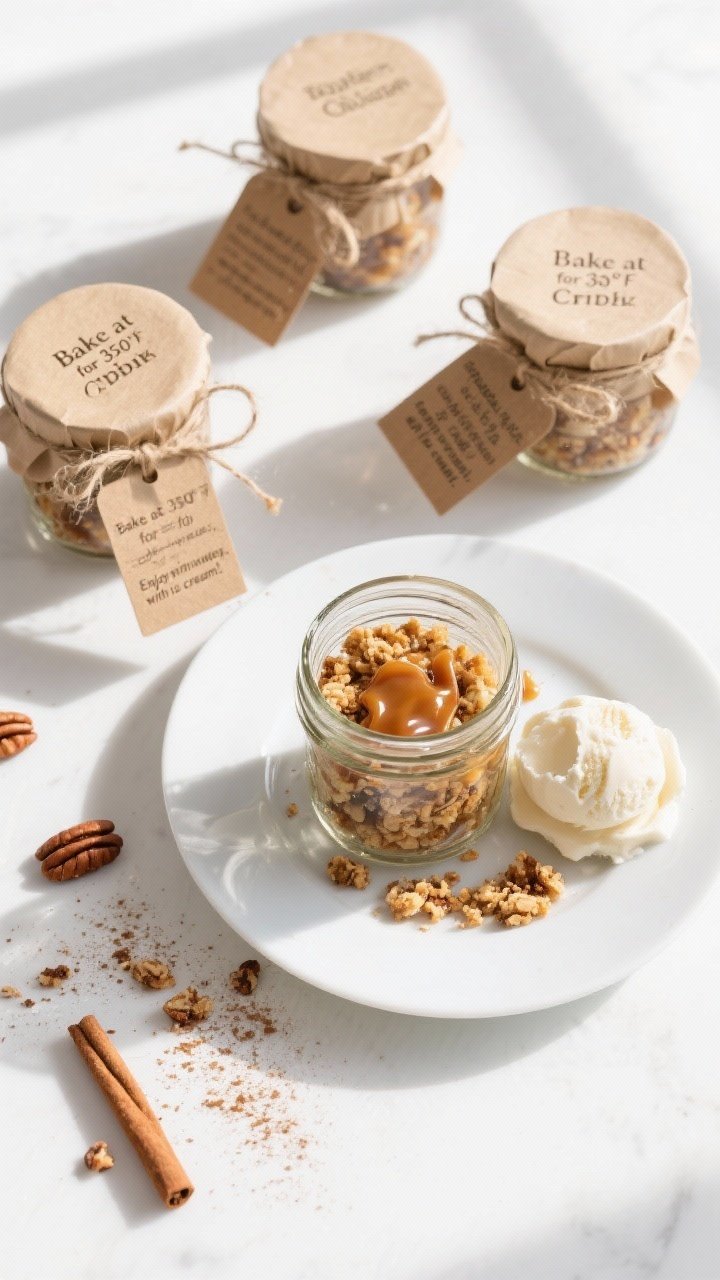 Tasty top view: Overhead shot of four decorated 8-oz mason jars of Apple Crisp ready for gifting, ea