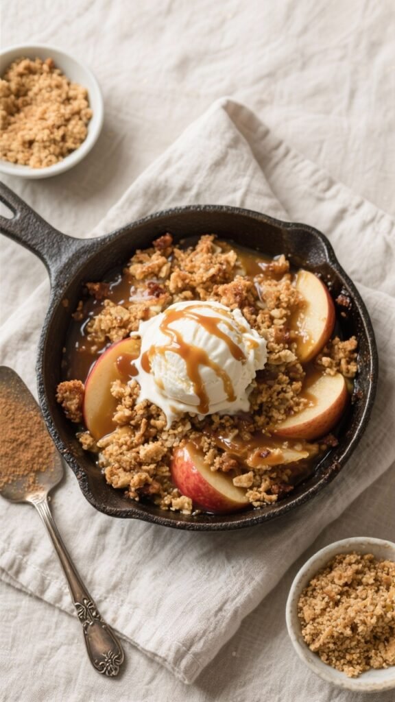 Apple Crisp Skillet with Brown Butter: Because Regular Butter is for Quitters 2 Tasty top view: Overhead shot of the finished Apple Crisp Skillet with Brown Butter served warm, a g
