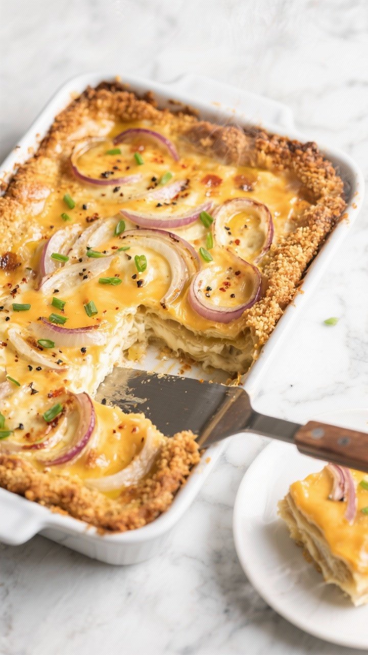 Tennessee Onion Casserole That Broke the Internet 2 Tasty top view: Overhead shot of the finished Tennessee Onion Casserole in a 9x13 dish, neatly porti