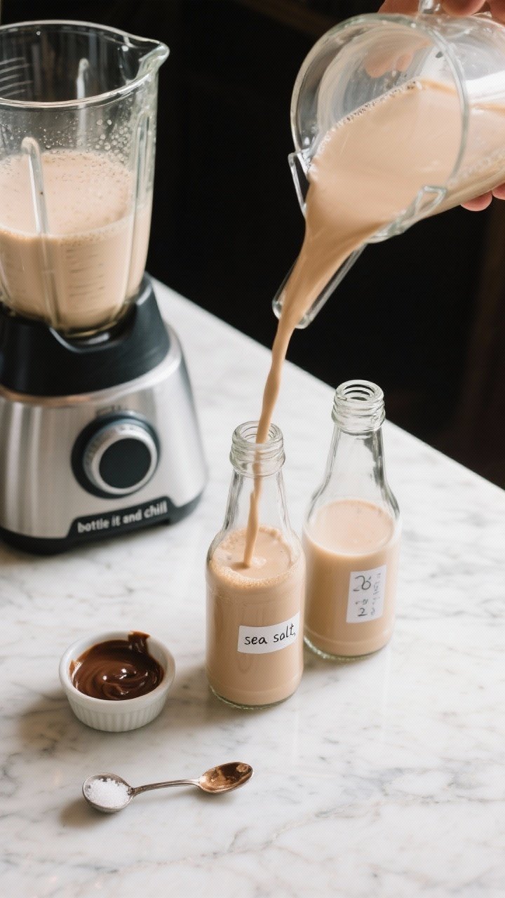 This Easy Homemade Baileys Irish Cream Recipe Is So Good You’ll Stop Buying the Bottle 2 Tasty top view, process moment: Overhead shot of the finished Irish cream being funneled into clear