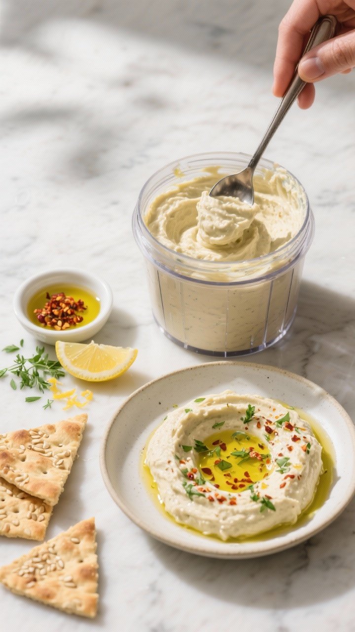 This Avocado Feta Dip Will Ruin You for All Other Party Snacks 2 Tasty top-view process shot: Overhead of the finished dip in a blender jar right after blending to s