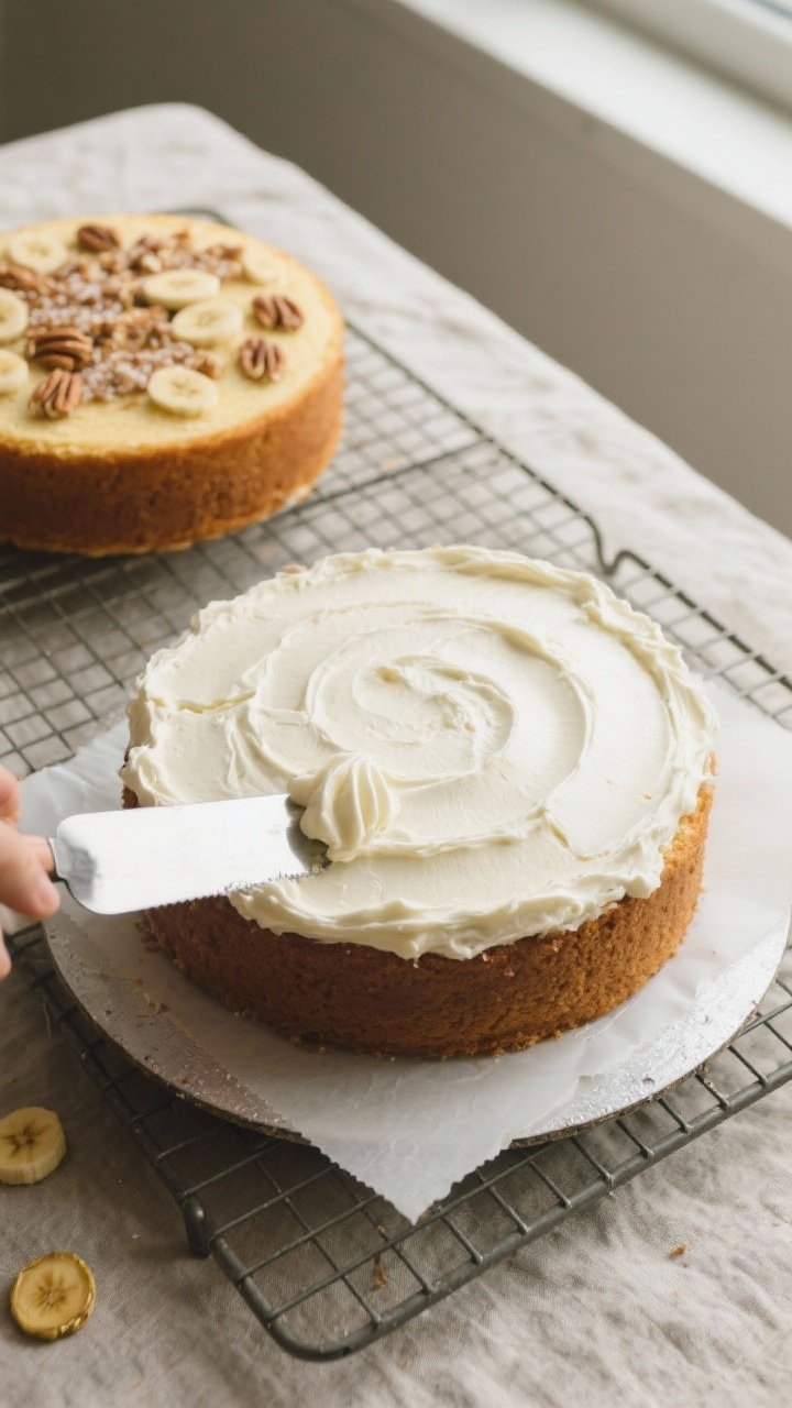 This Heavenly Banana Walnut Cream Cake Will Make You Ghost Your Favorite Bakery — And It’s Not Sorry 2 Tasty top view process shot: Overhead of two fully cooled 8-inch banana cake layers on wire racks du