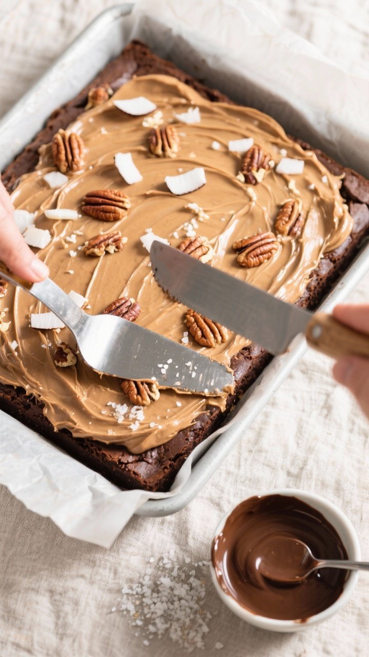 German Chocolate Cake Brownies: The Ooey-Gooey Mashup You’ll Dream About Tonight 2 Tasty top view (process stage): Overhead shot of a 9x9 pan of fully cooled brownies being topped wit
