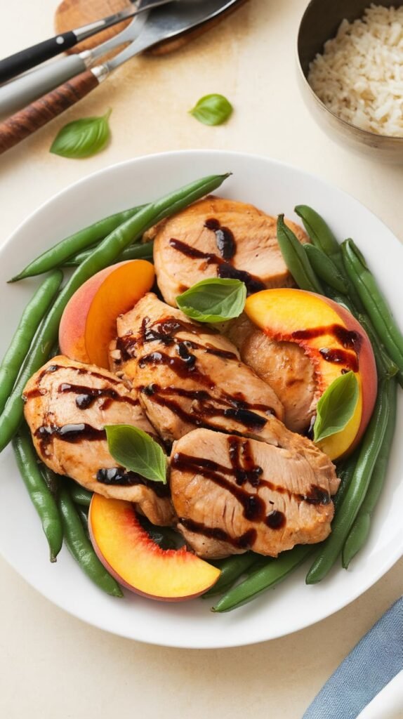 These 7 Healthy Sheet-Pan Dinners Will Save Your Weeknights 6 Balsamic Chicken with Peaches and Green Beans