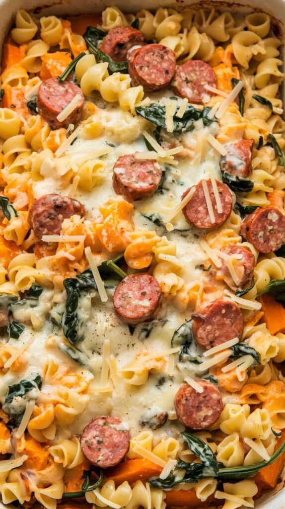 Butternut Sausage and Spinach Pasta Bake​