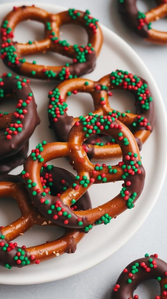 Chocolate Covered Pretzels with Holiday Sprinkles